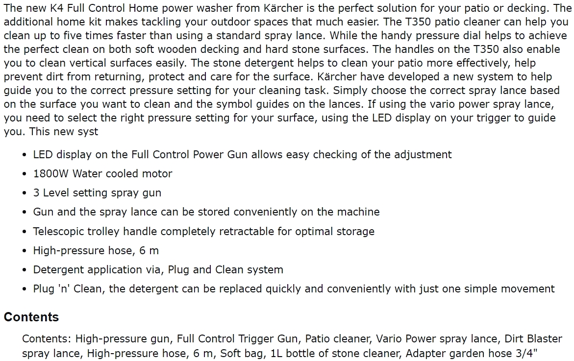 גרניק מכונת שטיפה בלחץ קרשר KARCHER K4 FULL CONTROL HOME 1800W